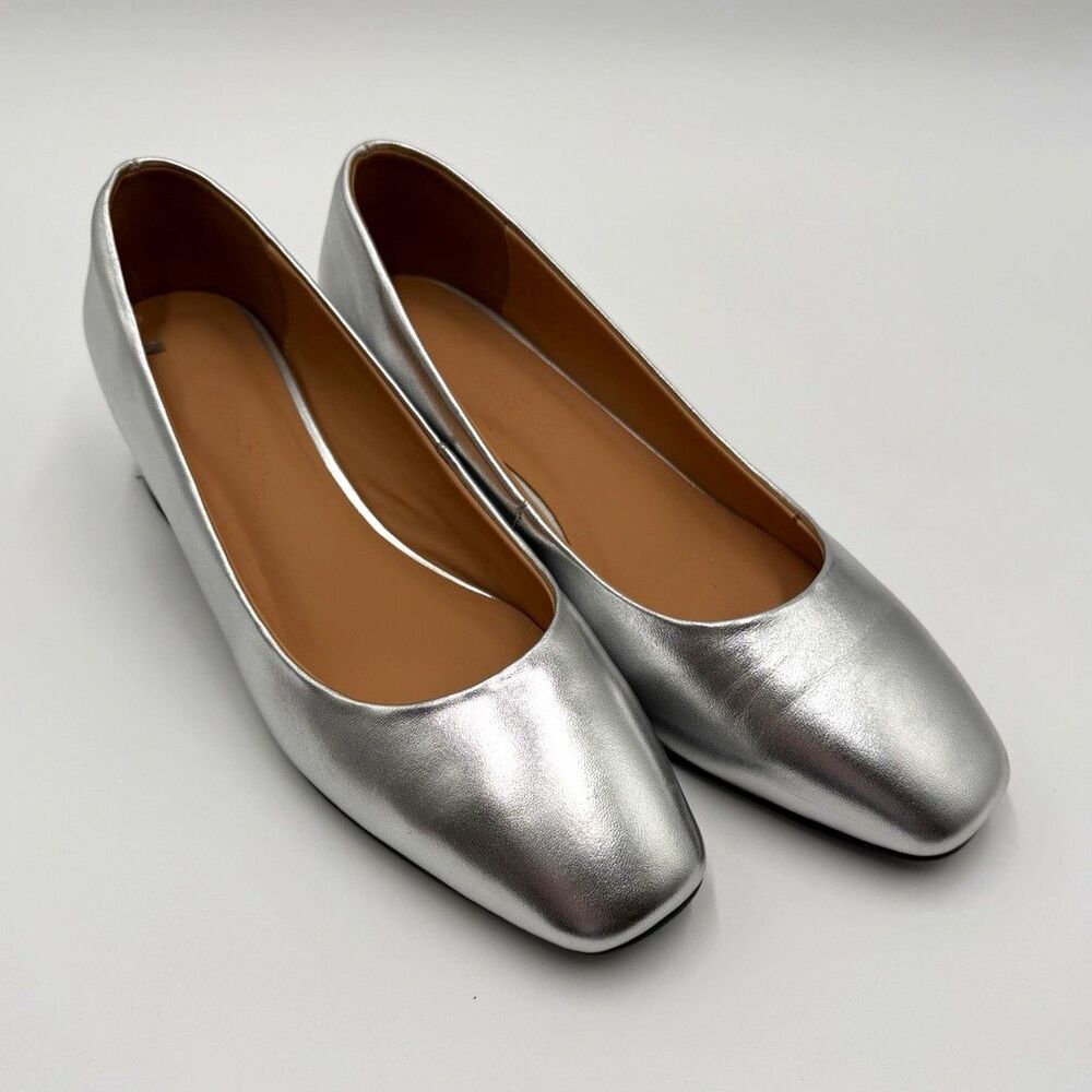 Femistep Metallic Silver Leather Low Block Heel Pumps Square Toe Comfort Shoe 10